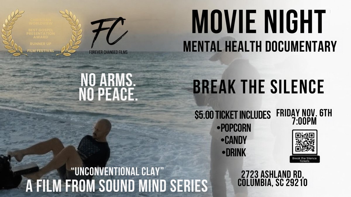 Movie Night: Break the Silence, a mental health documentary from the Sound Mind Series. Friday, November 6 at 7:00 PM, 2723 Ashland Rd, Columbia, SC. $5 ticket includes popcorn, candy and a drink.